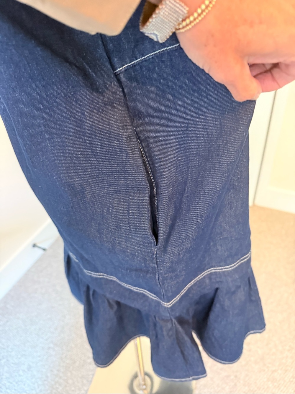 Dark Blue Denim Mini Dress with Ruffle Hem - Picture 6 of 12